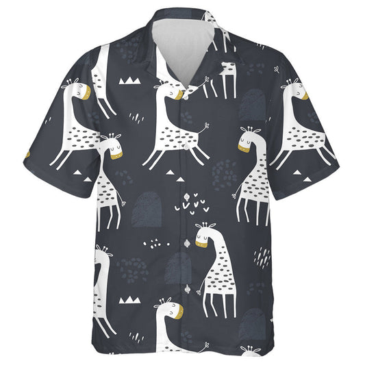 Lovely White Giraffe Illustration Dark Background Pattern Hawaiian Shirt, Hawaiian Shirt Gift, Christmas Gift