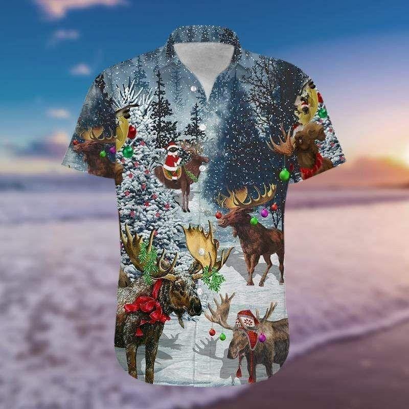 Design Hawaiian Shirt Christ Moose Merry Christmas Winter Time, Hawaiian Shirt Gift, Christmas Gift.