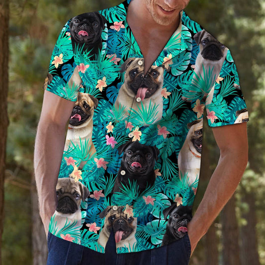 Cute Pug Tropical Palm Leaves Summer Vacation Themed Hawaiian Shirt, Hawaiian Shirt Gift, Christmas Gift