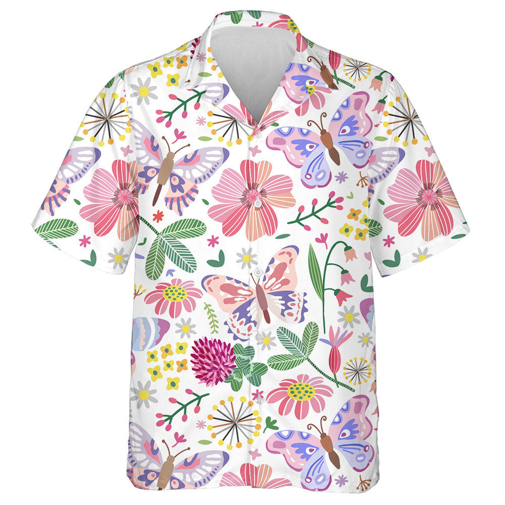 Spring Meadow Theme Flowers And Butterfly Hawaiian Shirt,Hawaiian Shirt Gift, Christmas Gift