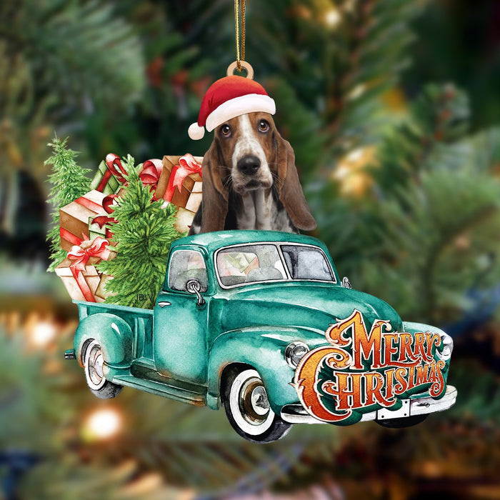 Basset Hound-Green Truck Hanging Christmas Plastic Hanging Ornament, Christmas Ornament Gift, Christmas Gift, Christmas Decoration