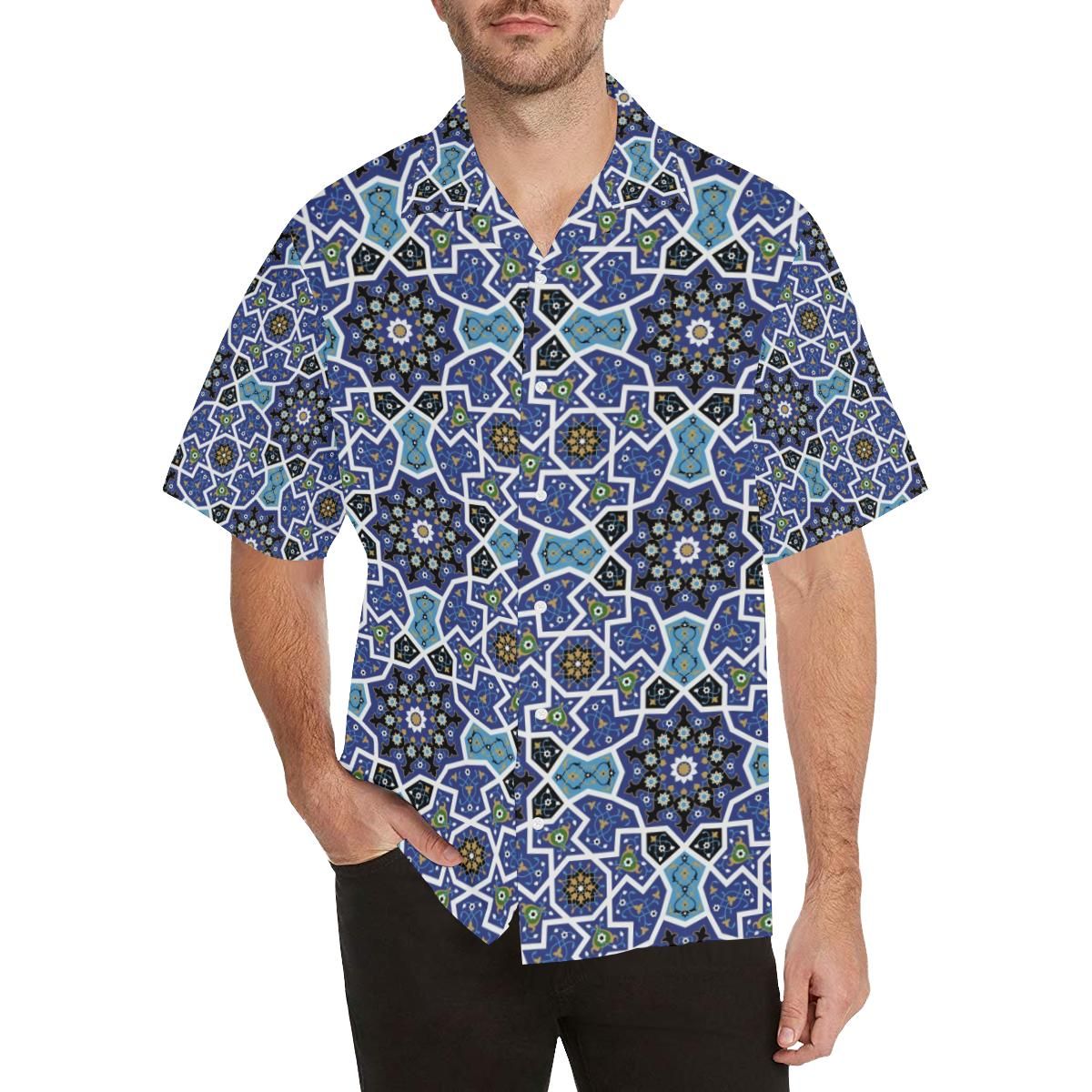 Blue Arabic Morocco Pattern Men'S All Over Print Hawaiian Aloha Shirt Hawaiian Shorts Beach Short Sleeve,Hawaiian Shirt Gift, Christmas Gift