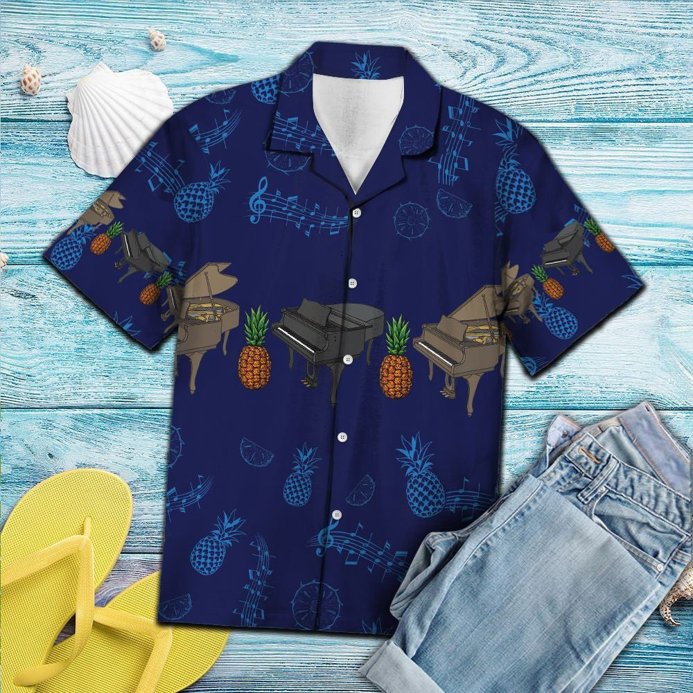 Piano Pineapple With Musica Notes In Deep Blue Hawaiian Shirt, Hawaiian Shirt Gift, Christmas Gift