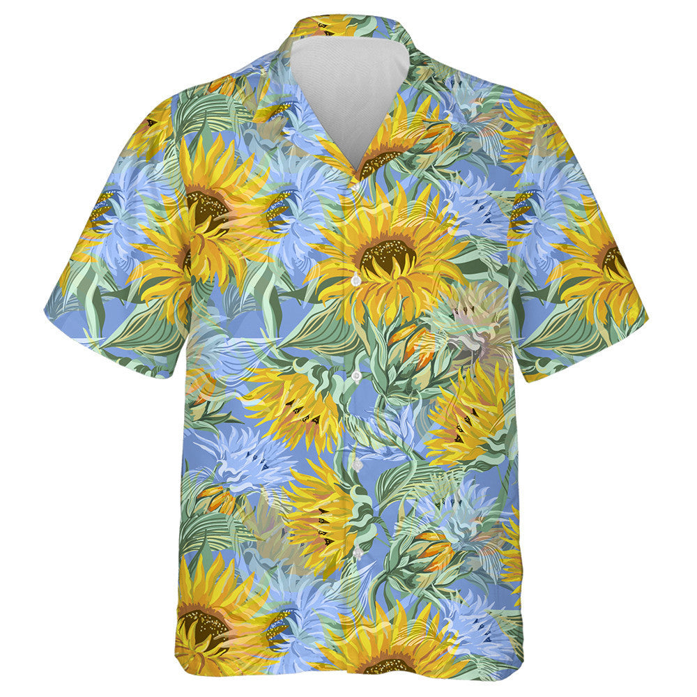 Acrylic Painting Aqua Blue And Yellow Sunflowers Pattern Hawaiian Shirt, Hawaiian Shirt Gift, Christmas Gift
