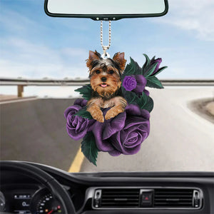 Yorkshire Terrier In Purple Rose Car Hanging Ornament, Christmas Decoration