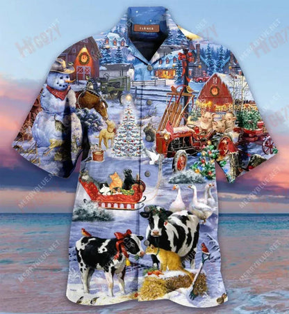 Christmas Night On The Farm Short Hawaiian Shirt Hobbies Short Sleeve Custom Hawaiian Shirts Hawaiian Shirts For Women, Hawaiian Shirt Gift, Christmas Gift