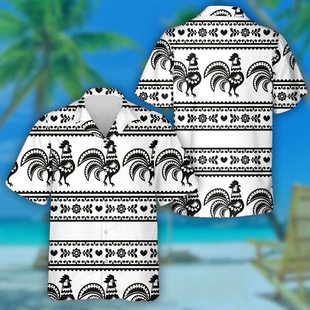 Wzory Lowickie Monochrome Folk Art Pattern With Chicken Hawaiian Shirt, Hawaiian Shirt Gift, Christmas Gift