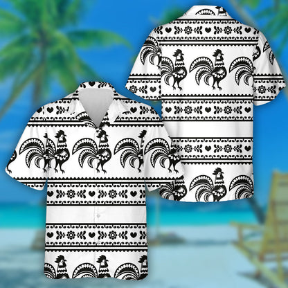 Wzory Lowickie Monochrome Folk Art Pattern With Chicken Hawaiian Shirt, Hawaiian Shirt Gift, Christmas Gift