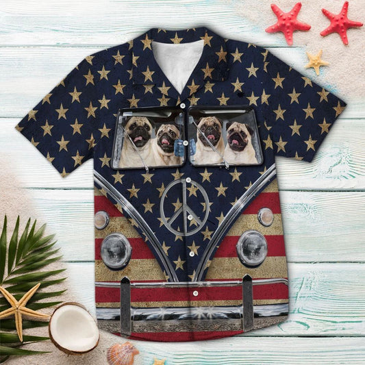 Happy Pug Driving Retro Flag Hippie Bus Pattern Hawaiian Shirt, Hawaiian Shirt Gift, Christmas Gift