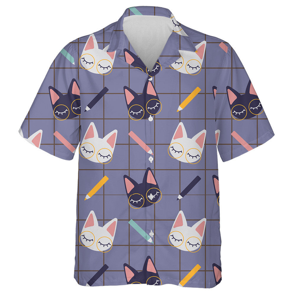 Cute Studying Cats And Pencils On Checkered Hawaiian Shirt, Hawaiian Shirt Gift, Christmas Gift