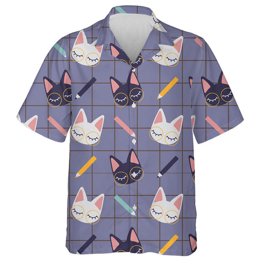 Cute Studying Cats And Pencils On Checkered Hawaiian Shirt, Hawaiian Shirt Gift, Christmas Gift