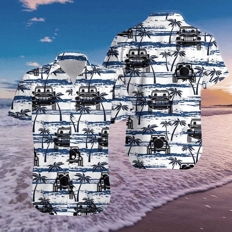 Jeep With Palm Tree Pattern Blue And White Theme Hawaiian Shirt, Hawaiian Shirt Gift, Christmas Gift