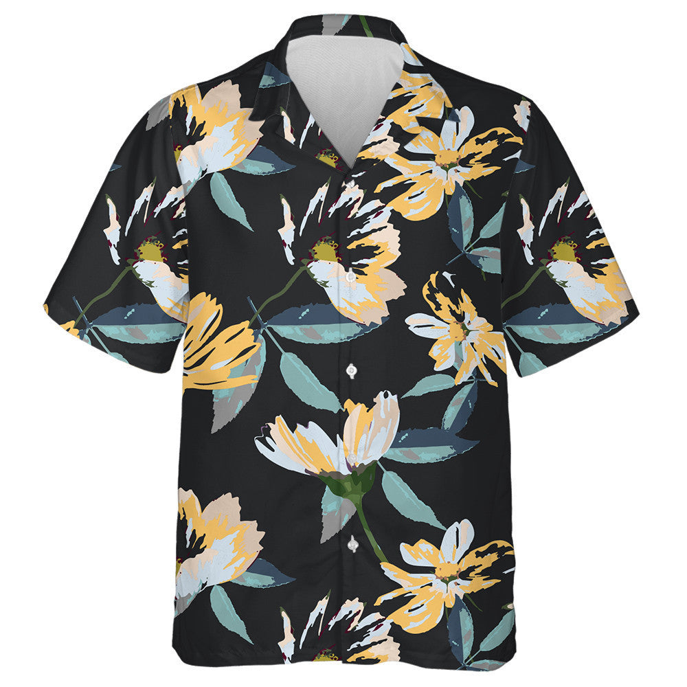 Watercolor Impressive Yellow Flower Branch On Black Design Hawaiian Shirt, Hawaiian Shirt Gift, Christmas Gift