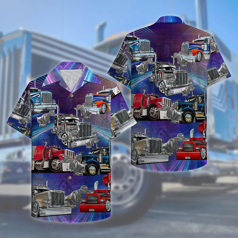 Gift For Trucker Cool Trucks Colorful Lights Background Hawaiian Shirt, Hawaiian Shirt Gift, Christmas Gift