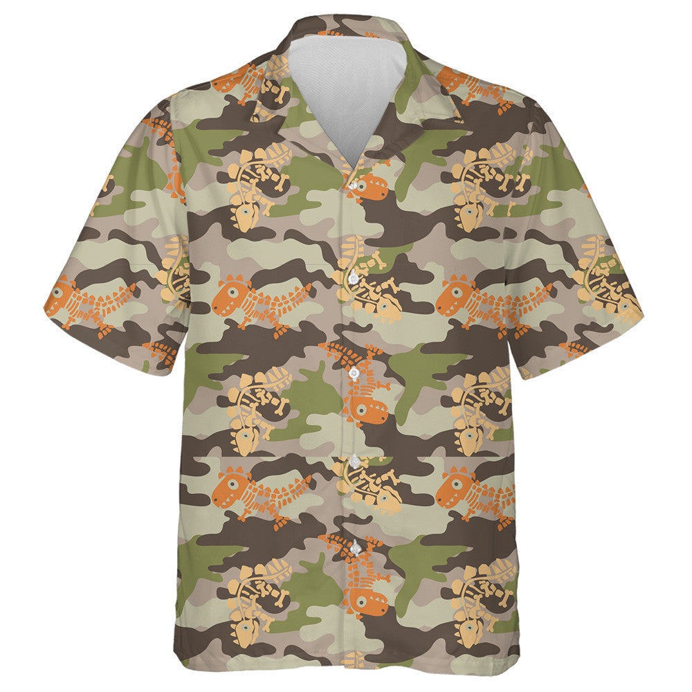 Vintage Dinosaur Skeleton Fossil Camou Background Hawaiian Shirt, Hwaiian For Gift