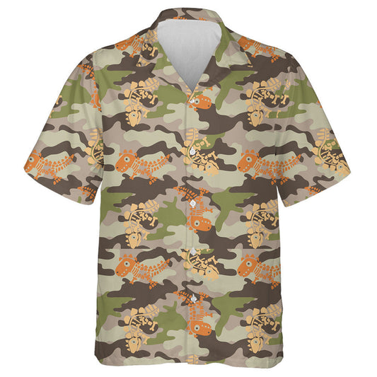 Vintage Dinosaur Skeleton Fossil Camou Background Hawaiian Shirt, Hwaiian For Gift