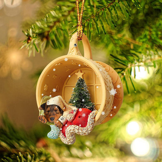 Airedale Terrier Sleeping in a tiny cup Christmas Holiday-Two Sided Christmas Plastic Hanging Ornament, Christmas Ornament Gift, Christmas Gift, Christmas Decoration