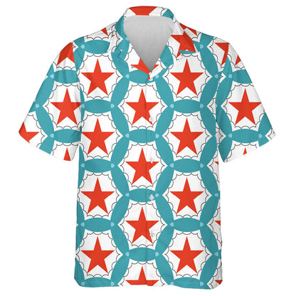 Red Stars In The Center Of Blue Circle Pattern Hawaiian Shirt, Hawaiian Shirt Gift, Christmas Gift