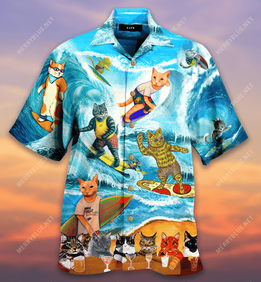 Surfing Cats Hawaiian Aloha Shirt Hawaiian Shorts Beach Short Sleeve, Hawaiian Shirt Gift, Christmas Gift