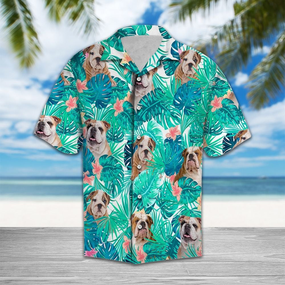 Bulldog Among Tropical Leaves And Flowers Hawaiian Shirt, Hawaiian For Gift