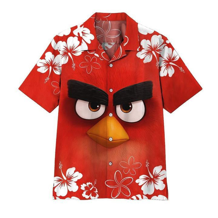 Red Bird Angry Bird Cartoon With White Hibiscus Hawaiian Shirt, Hawaiian Shirt Gift, Christmas Gift