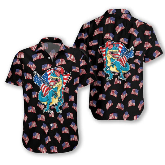 American Flag T Rex Hawaiian Aloha Shirt Hawaiian Shorts Beach Short Sleeve, Christmas Gift