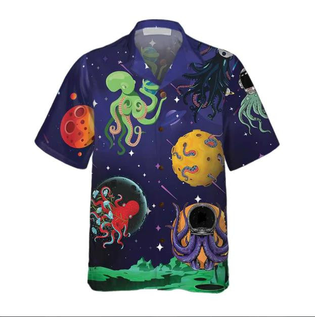 Lovely Octopus Astronaut In Space With Planets Cartoon Pattern Hawaiian Shirt, Hawaiian Shirt Gift, Christmas Gift