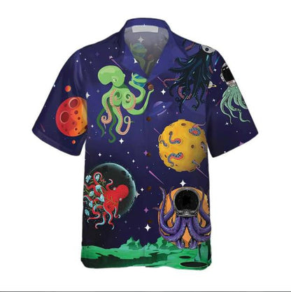 Lovely Octopus Astronaut In Space With Planets Cartoon Pattern Hawaiian Shirt, Hawaiian Shirt Gift, Christmas Gift