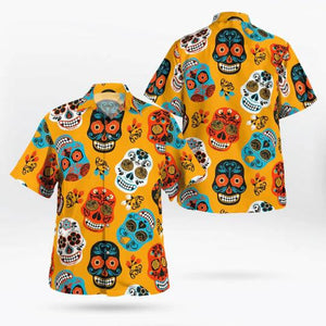 Yellow Background With Sugar Skulls And Flowers Hawaiian Shirt,Hawaiian Shirt Gift, Christmas Gift