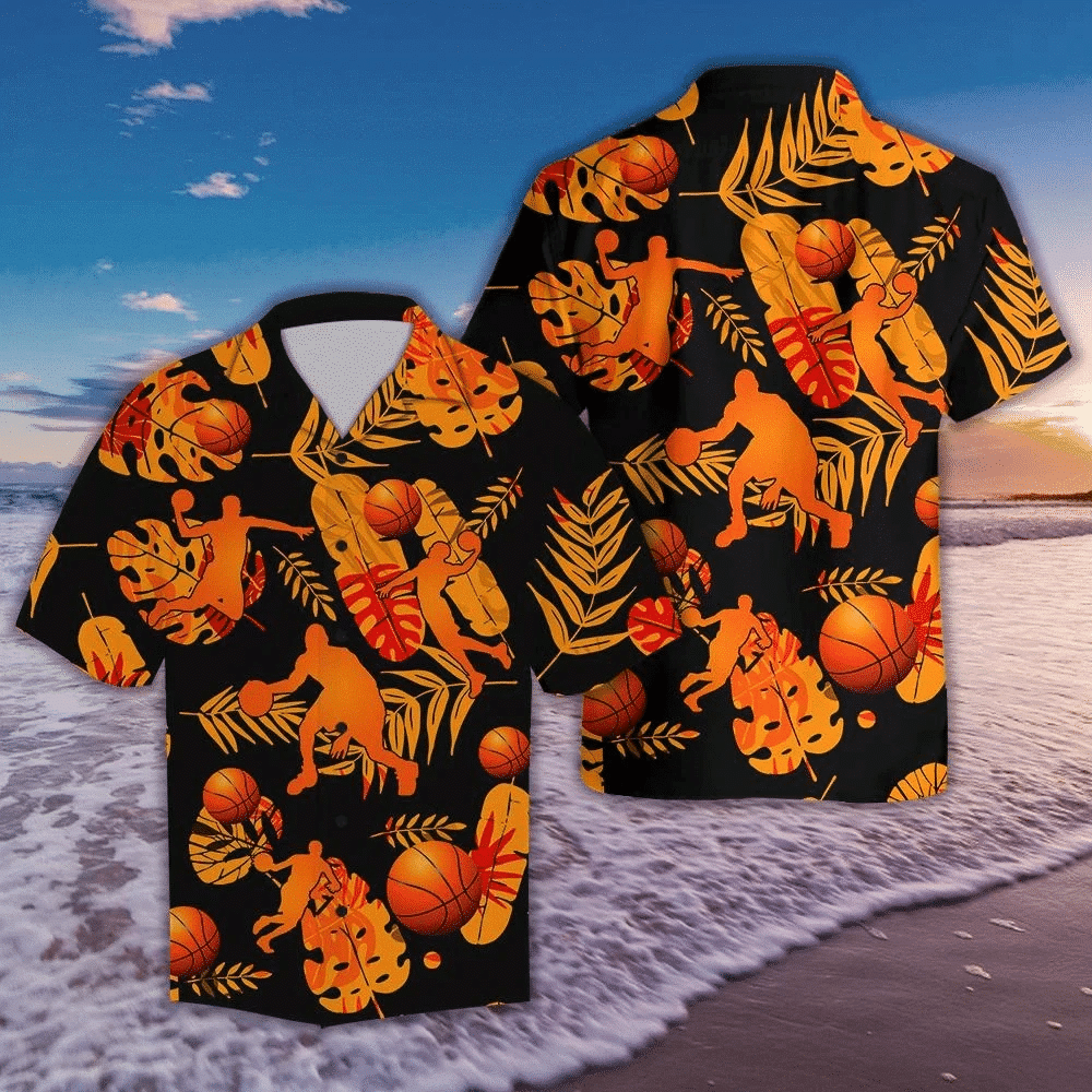 Basketball Tropical Leave Orange Style Black Theme Hawaiian Shirt, Hawaiian Shirt Gift, Christmas Gift