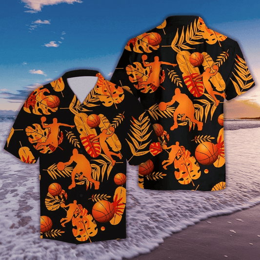 Basketball Tropical Leave Orange Style Black Theme Hawaiian Shirt, Hawaiian Shirt Gift, Christmas Gift