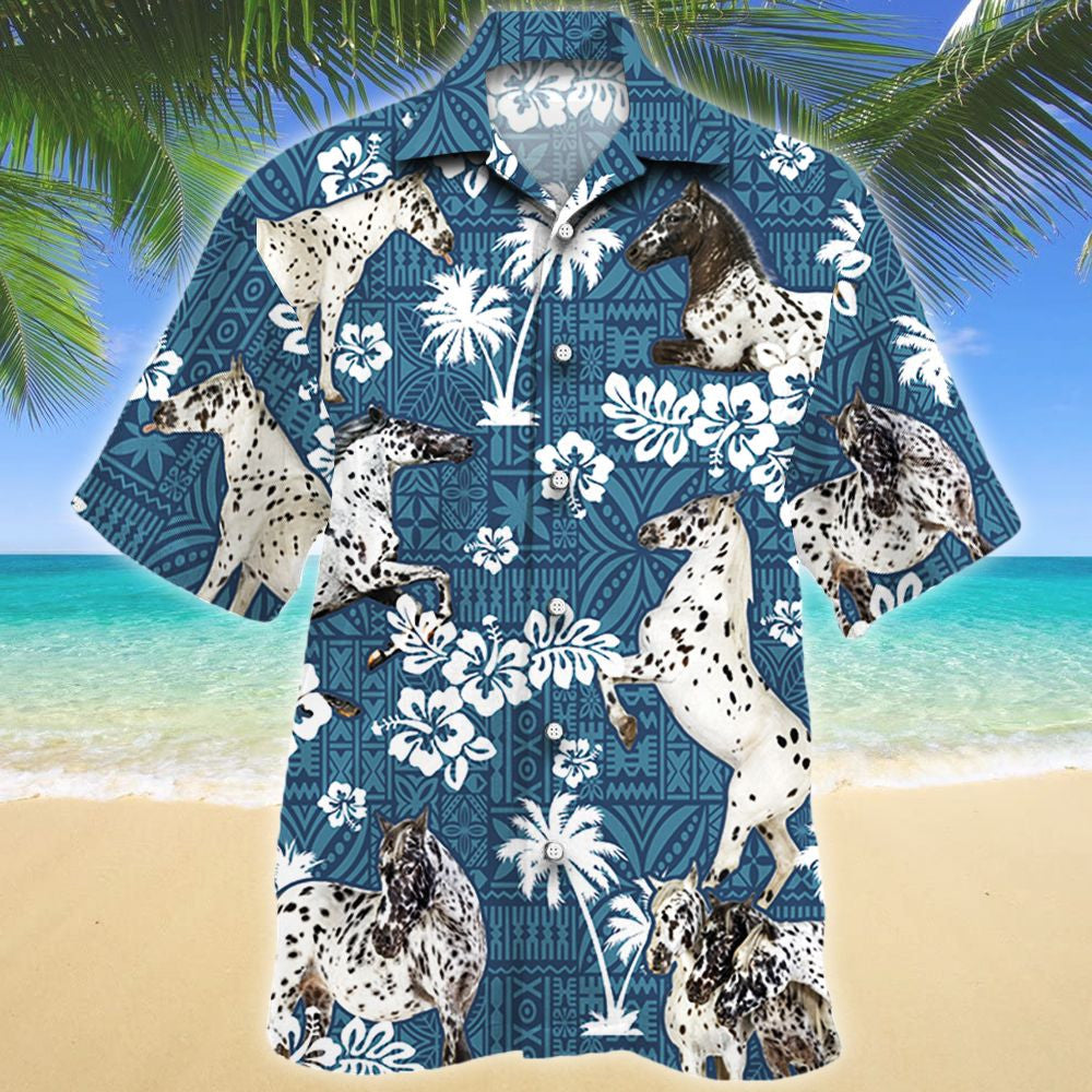 Appaloosa Horse Flower Palm Tree Blue Tribal Pattern Hawaiian Shirt, Hawaiian Shirt Gift, Christmas Gift