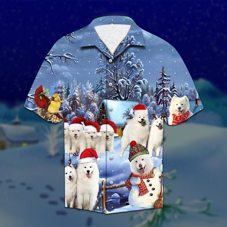 Pretty White Samoyed In Dark Night Christmas Themed Hawaiian Shirt, Hawaiian Shirt Gift, Christmas Gift