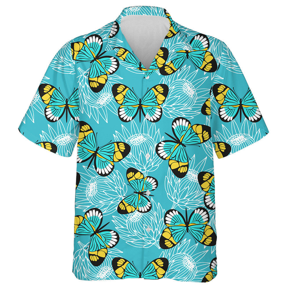 Hand Drawn Butterflies And Protea Flowers Hawaiian Shirt, Hawaiian For Gift
