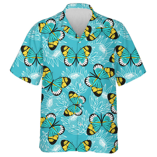Hand Drawn Butterflies And Protea Flowers Hawaiian Shirt, Hawaiian For Gift
