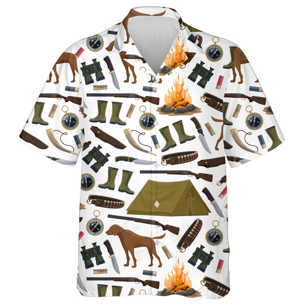 Hunting Equipment And Hunting Dog On White Background Hawaiian Shirt, Hawaiian Shirt Gift, Christmas Gift