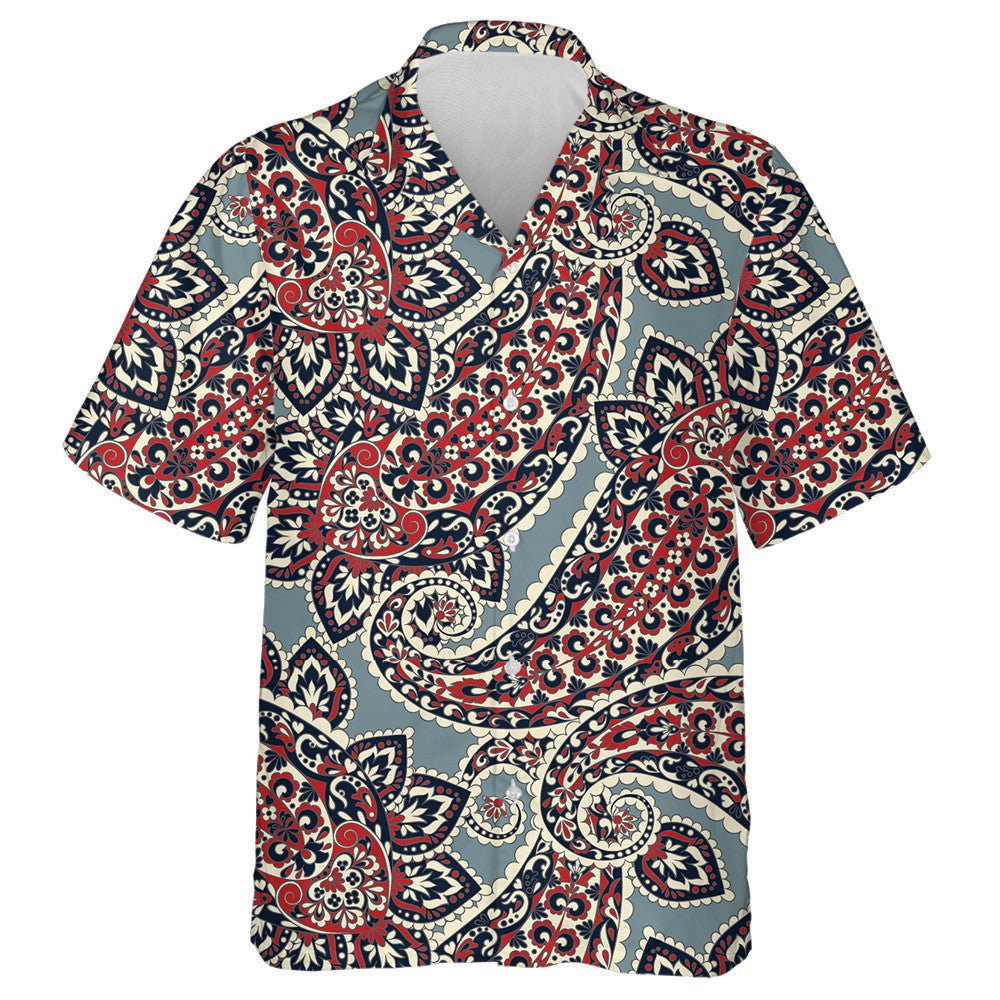 Hand Drawn Traditional Black And Red Paisley Pattern Hawaiian Shirt, Hawaiian Shirt Gift, Christmas Gift