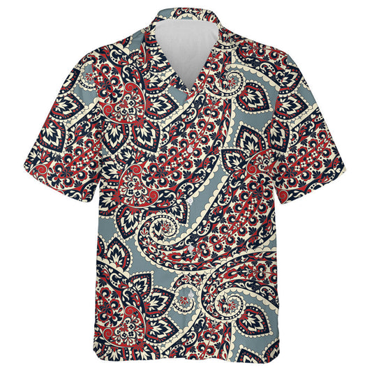 Hand Drawn Traditional Black And Red Paisley Pattern Hawaiian Shirt, Hawaiian Shirt Gift, Christmas Gift