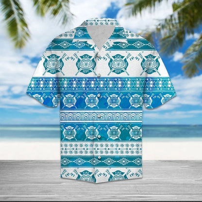 Blue And White Border Of Firefighter Feather Pattern Hawaiian Shirt, Hawaiian Shirt Gift, Christmas Gift