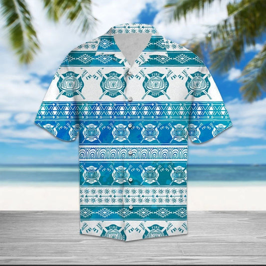 Blue And White Border Of Firefighter Feather Pattern Hawaiian Shirt, Hawaiian Shirt Gift, Christmas Gift
