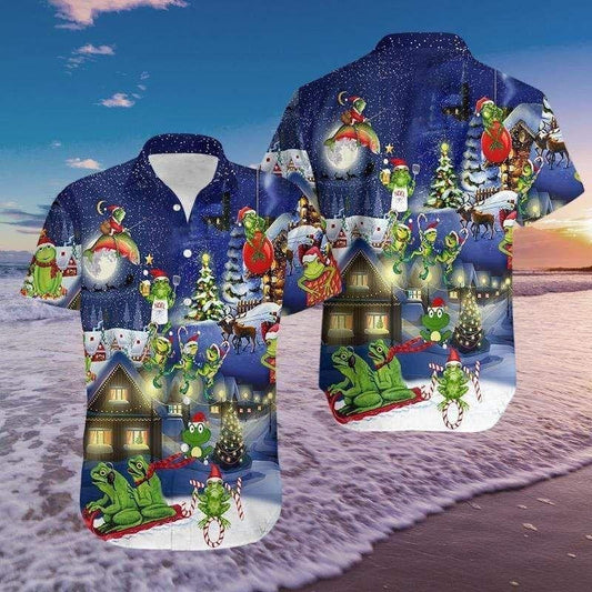 Dark Blue Frogs On Night Christmas Design Hawaiian Shirt, Hawaiian Shirt Gift, Christmas Gift