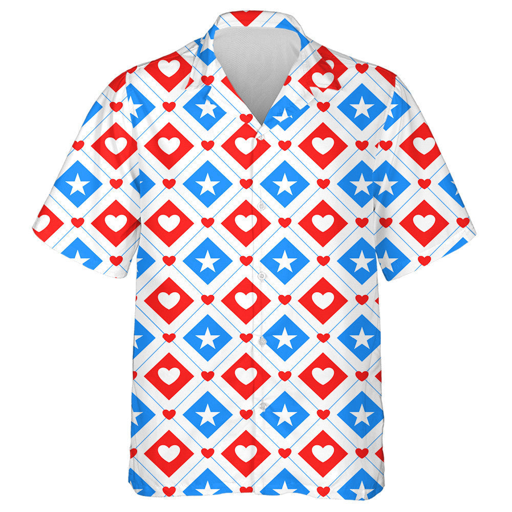 Star And Heart In Rhombus For Independence Day Of America Hawaiian Shirt, Hawaiian Shirt Gift, Christmas Gift