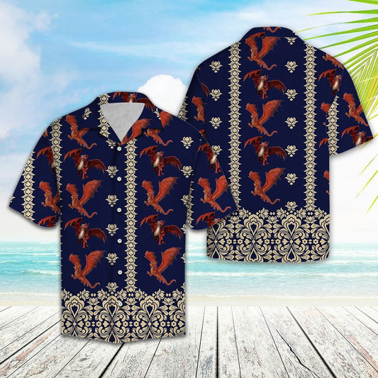 Brown Dragon With Symbolic Art In Blue Design Hawaiian Shirt, Hawaiian Shirt Gift, Christmas Gift