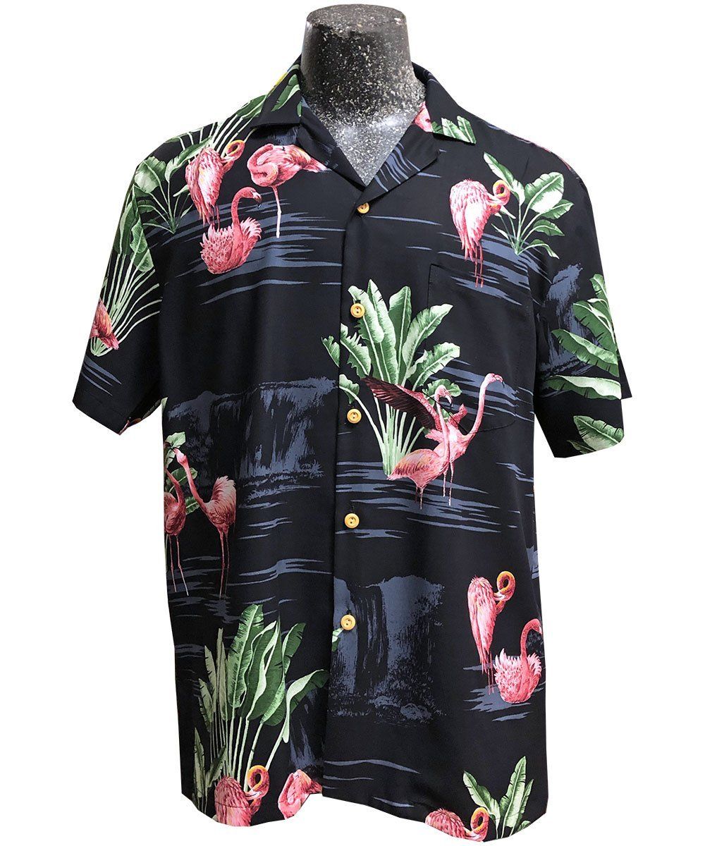 Flamingo Getaway Black Hawaiian Aloha Shirt Hawaiian Shorts Beach Short Sleeve, Hawaiian Shirt Gift, Christmas Gift