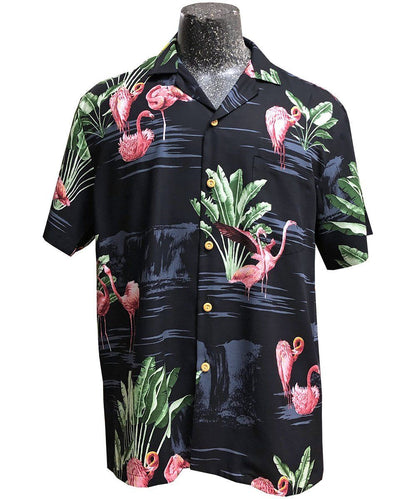 Flamingo Getaway Black Hawaiian Aloha Shirt Hawaiian Shorts Beach Short Sleeve, Hawaiian Shirt Gift, Christmas Gift