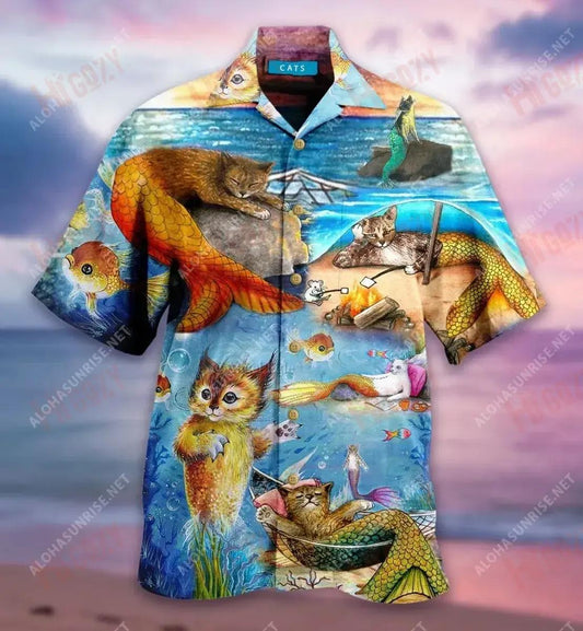 Mermaid Off Duty Cat Short Hawaiian Shirt Ocean Hawaiian T Shirts Hawaiian Crazy Shirts Hawaiian Shirts For Women, Hawaiian Shirt Gift, Christmas Gift