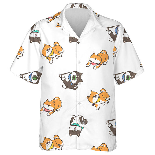 Cartoon Shiba Inu Dog Illustration On White Background Hawaiian Shirt, Hawaiian Shirt Gift, Christmas Gift
