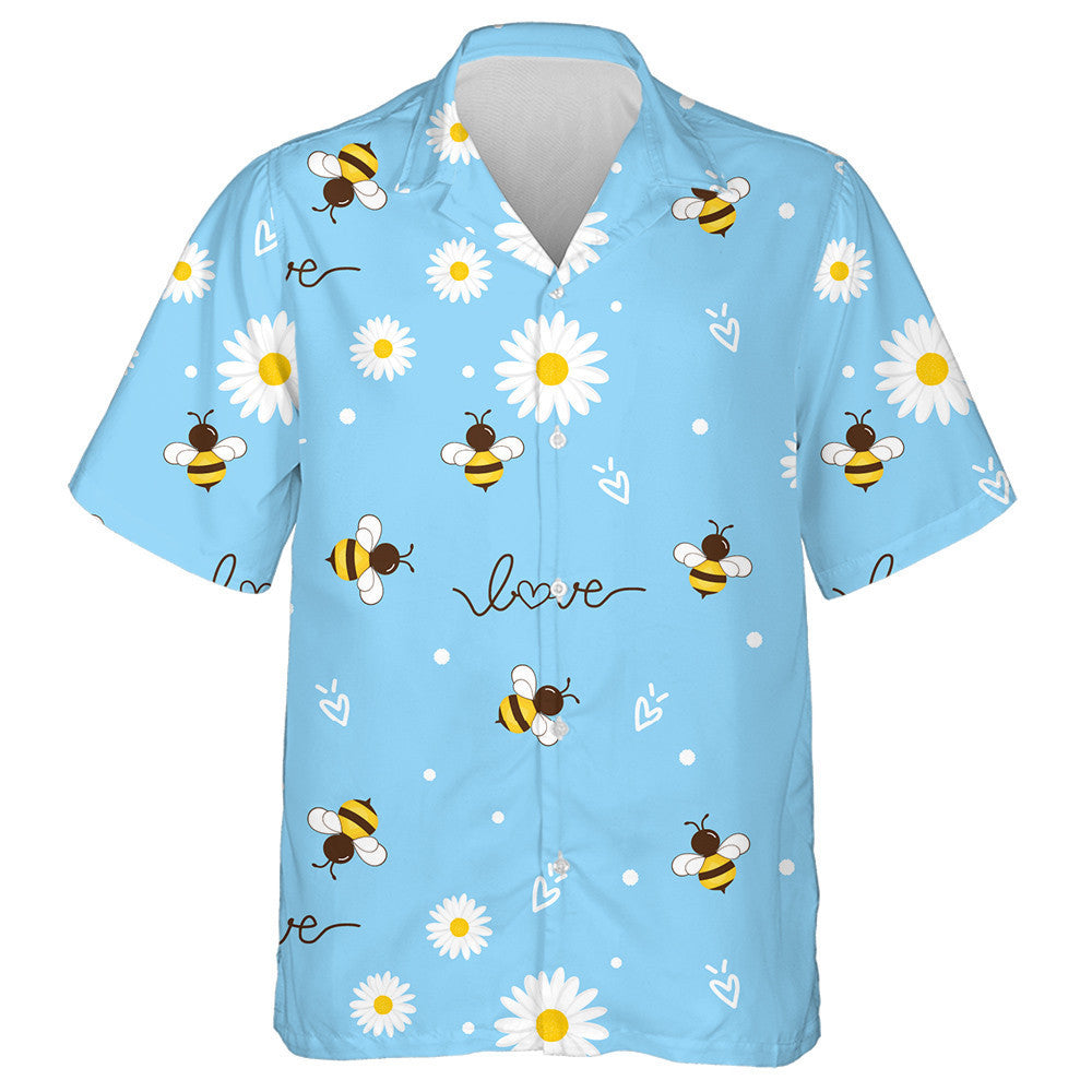 Flying Bees And Daisy Flower On Blue Background Hawaiian Shirt, Hawaiian Shirt Gift, Christmas Gift