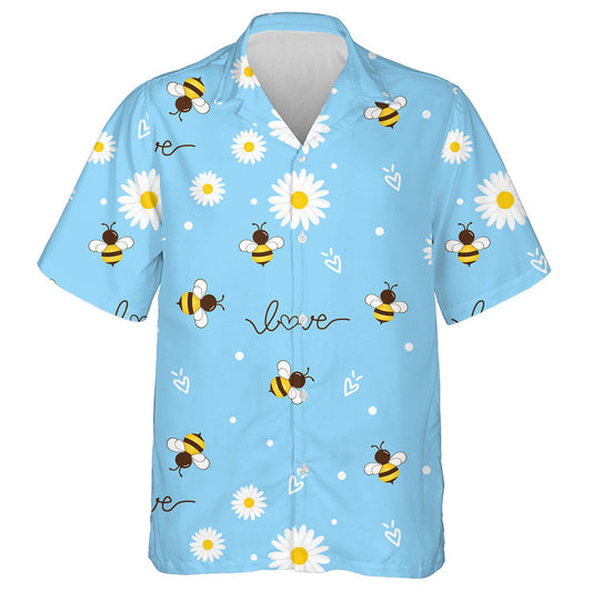 Flying Bees And Daisy Flower On Blue Background Hawaiian Shirt, Hawaiian Shirt Gift, Christmas Gift