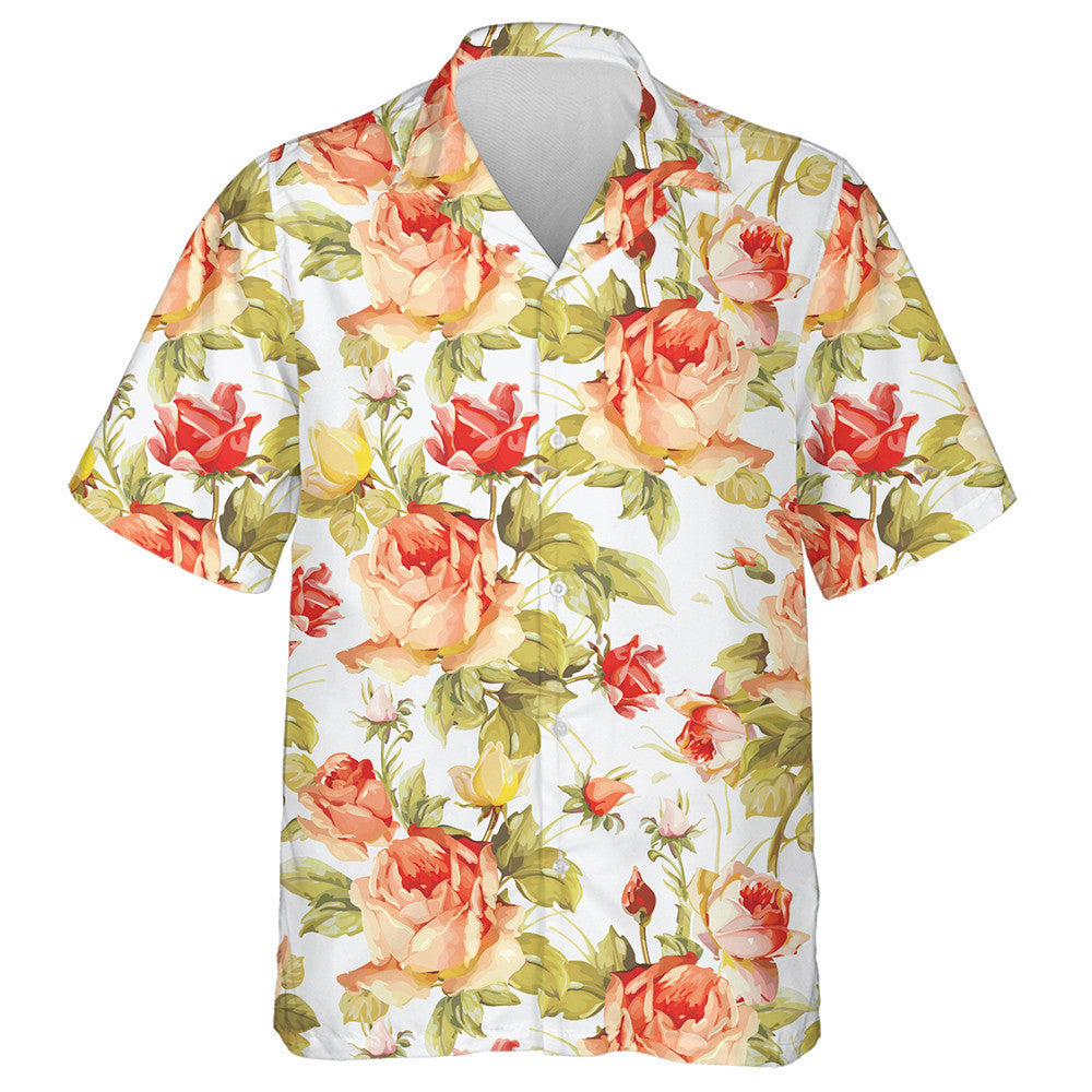 Romantic Flower Pattern Red Orange Roses Branch Design Hawaiian Shirt, Hawaiian Shirt Gift, Christmas Gift